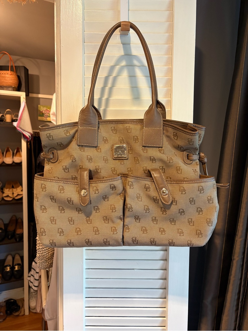 Dooney & Bourke Signature Brown Logo Jacquard Tote with Leather Trim